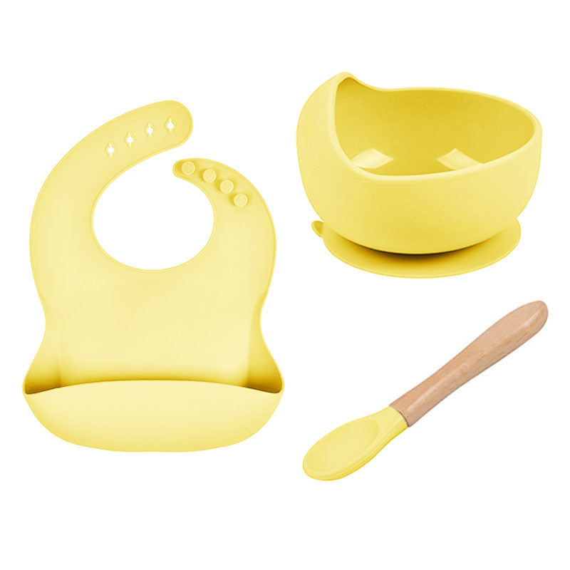 Baby Tableware Solid Food Bowl Silicone Bib Wooden Spoon Three-piece Set