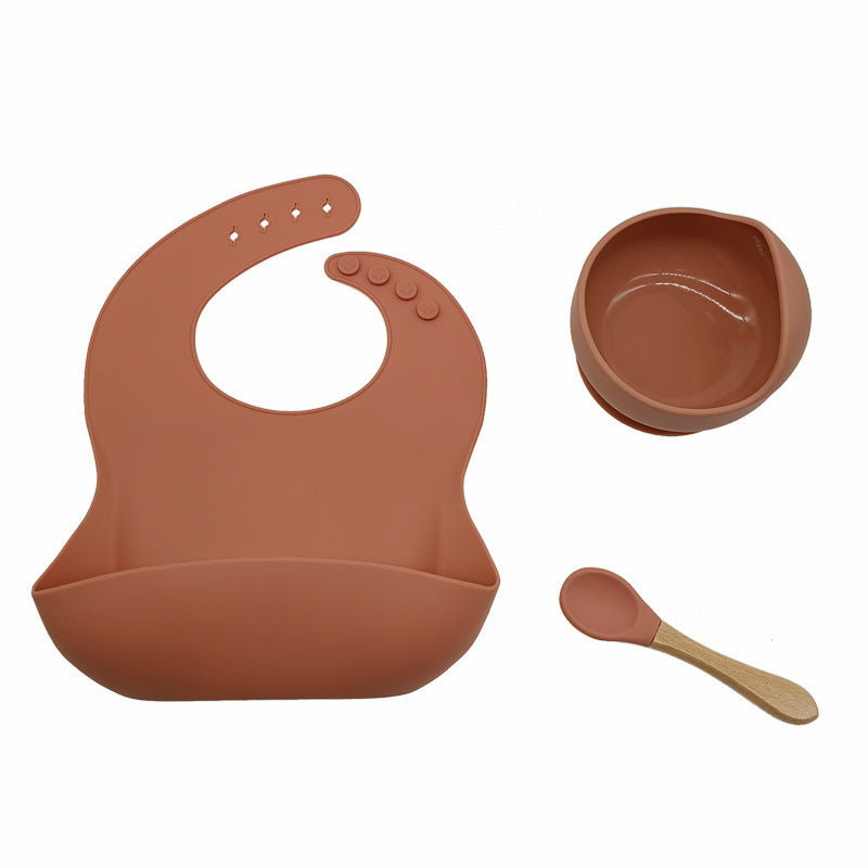 Baby Tableware Solid Food Bowl Silicone Bib Wooden Spoon Three-piece Set