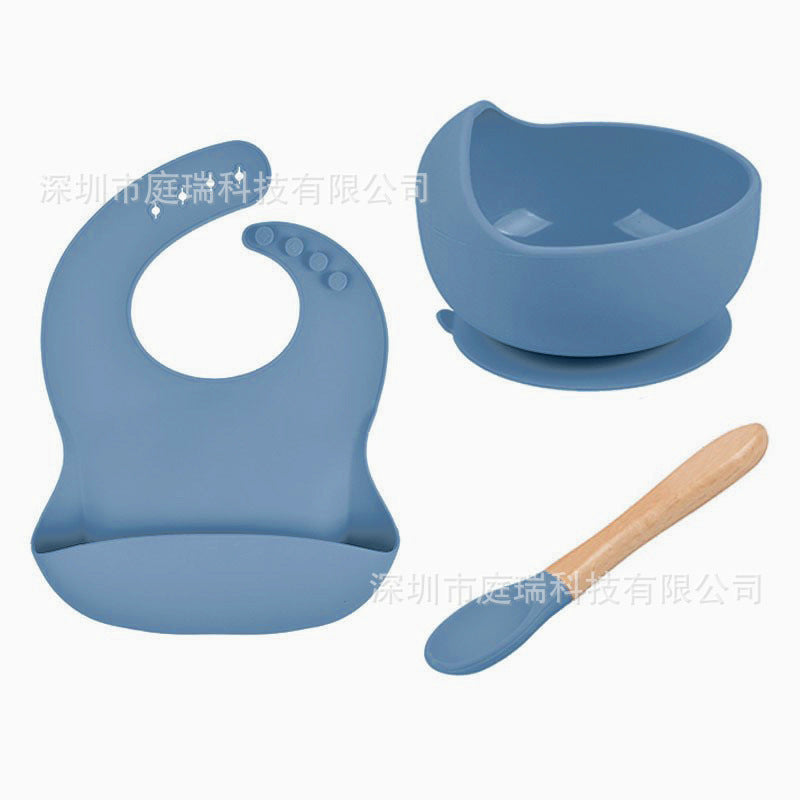 Baby Tableware Solid Food Bowl Silicone Bib Wooden Spoon Three-piece Set