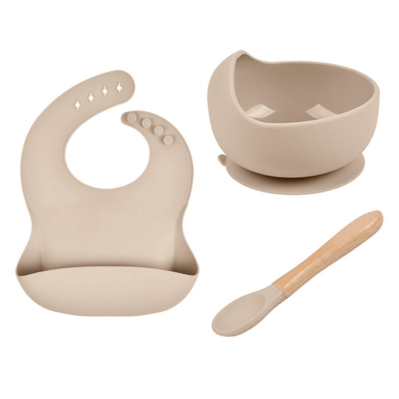 Baby Tableware Solid Food Bowl Silicone Bib Wooden Spoon Three-piece Set