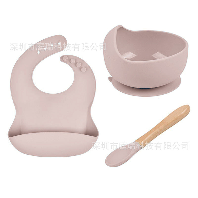 Baby Tableware Solid Food Bowl Silicone Bib Wooden Spoon Three-piece Set