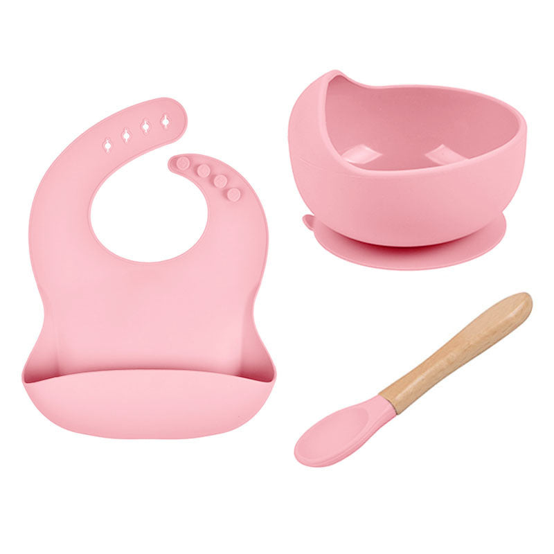 Baby Tableware Solid Food Bowl Silicone Bib Wooden Spoon Three-piece Set