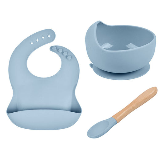Baby Tableware Solid Food Bowl Silicone Bib Wooden Spoon Three-piece Set