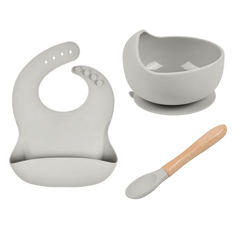 Baby Tableware Solid Food Bowl Silicone Bib Wooden Spoon Three-piece Set