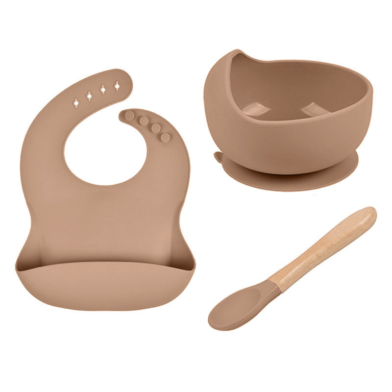 Baby Tableware Solid Food Bowl Silicone Bib Wooden Spoon Three-piece Set