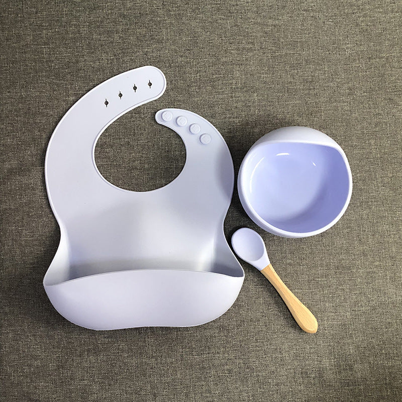 Baby Tableware Solid Food Bowl Silicone Bib Wooden Spoon Three-piece Set