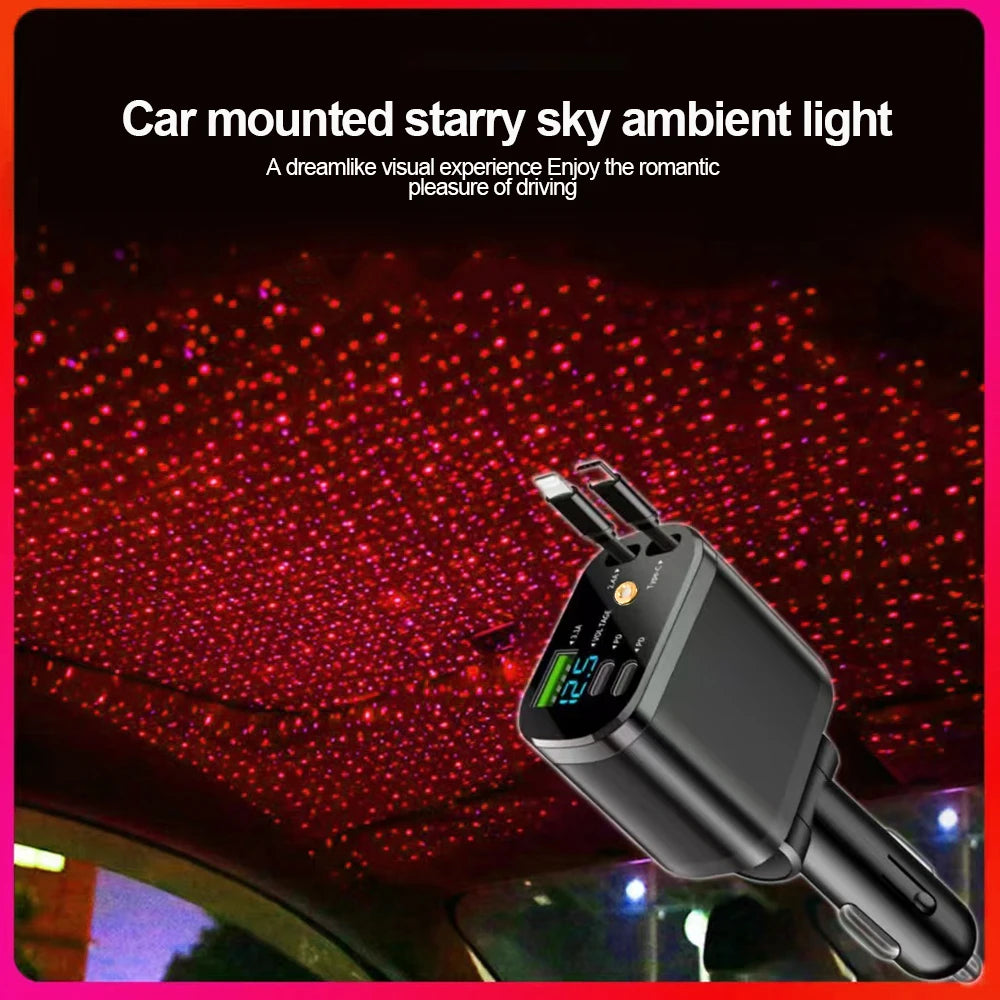 5 in 1 Car Charger With Starry Light Retractable Fast Charger Type C USB Car Phone Charger For iPhone Xiaomi Huawei Samsung