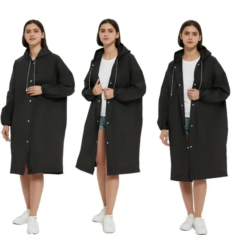 Black Raincoat Portable EVA Raincoats for Adults Reusable Rain Ponchos with Hoods and Sleeves Lightweight Raincoats