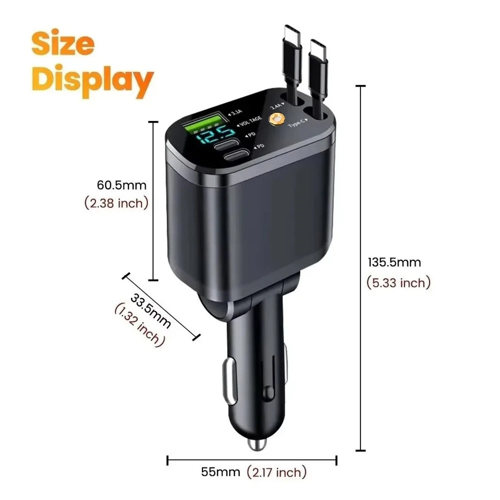 5 in 1 Car Charger With Starry Light Retractable Fast Charger Type C USB Car Phone Charger For iPhone Xiaomi Huawei Samsung