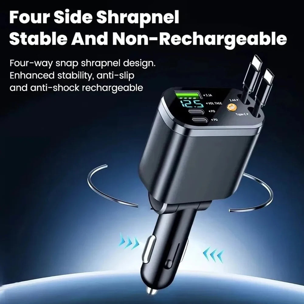 5 in 1 Car Charger With Starry Light Retractable Fast Charger Type C USB Car Phone Charger For iPhone Xiaomi Huawei Samsung