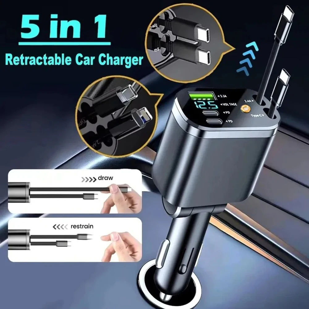 5 in 1 Car Charger With Starry Light Retractable Fast Charger Type C USB Car Phone Charger For iPhone Xiaomi Huawei Samsung