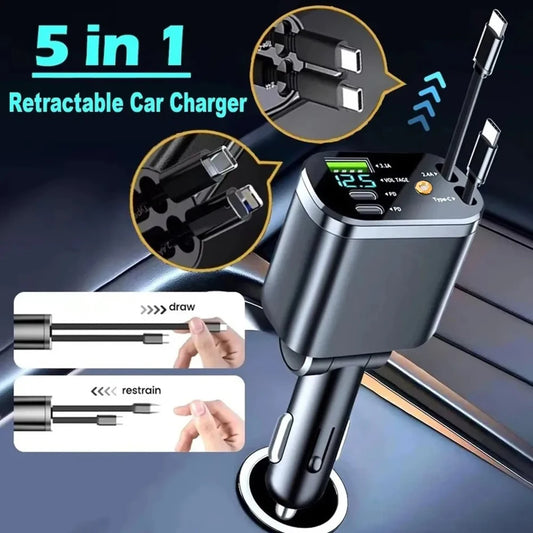 5 in 1 Car Charger With Starry Light Retractable Fast Charger Type C USB Car Phone Charger For iPhone Xiaomi Huawei Samsung