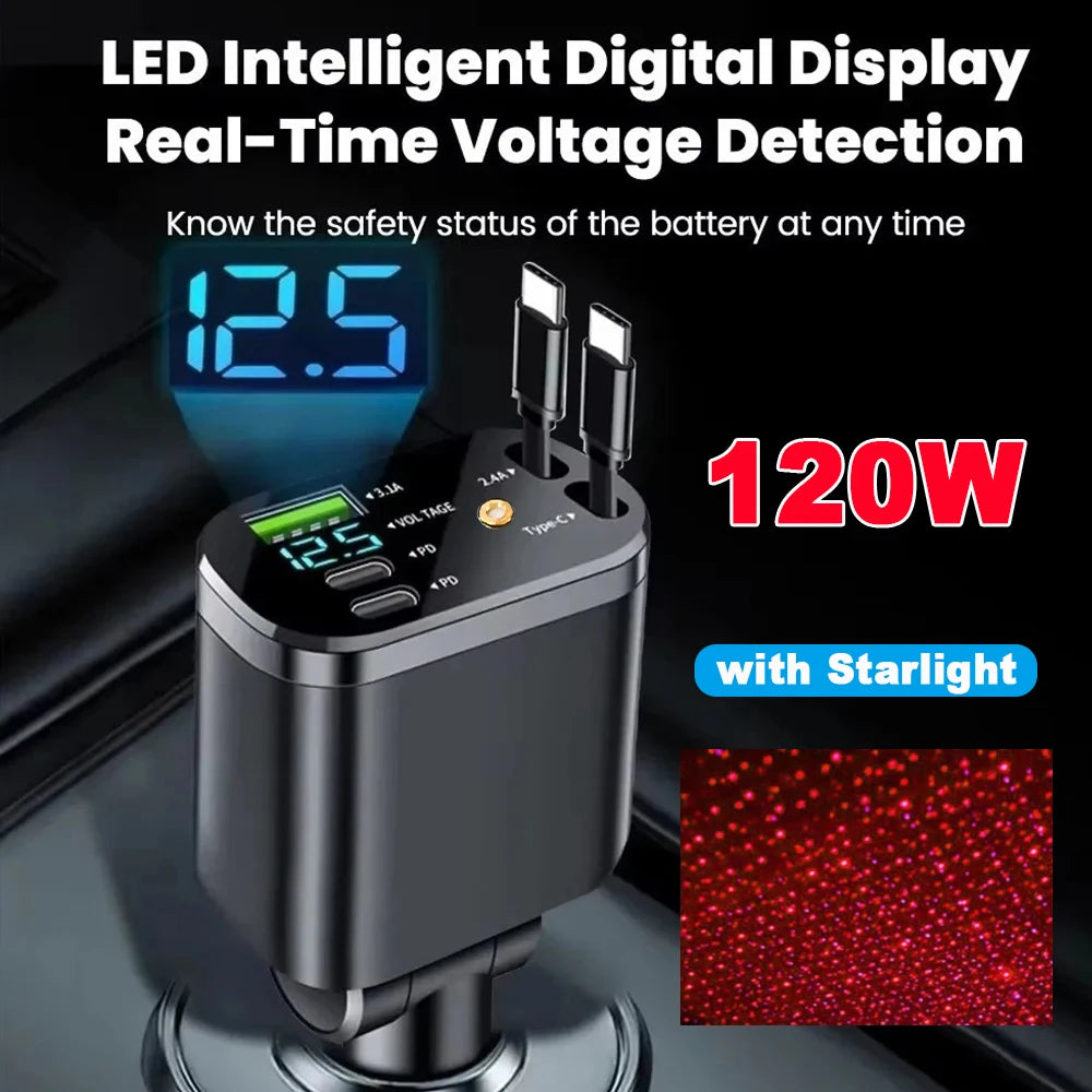 5 in 1 Car Charger With Starry Light Retractable Fast Charger Type C USB Car Phone Charger For iPhone Xiaomi Huawei Samsung