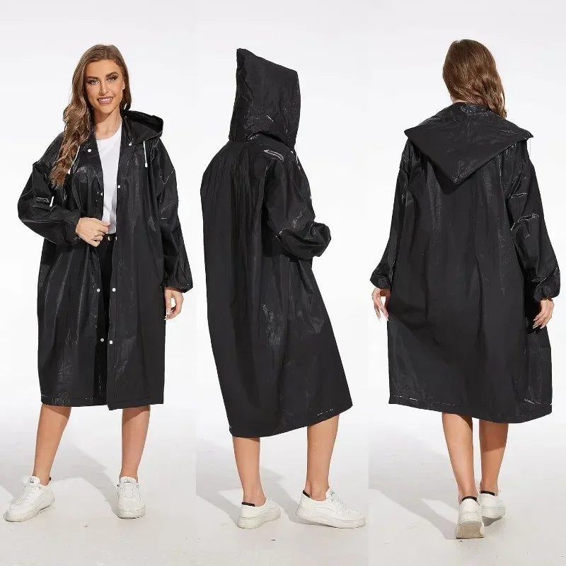 Black Raincoat Portable EVA Raincoats for Adults Reusable Rain Ponchos with Hoods and Sleeves Lightweight Raincoats