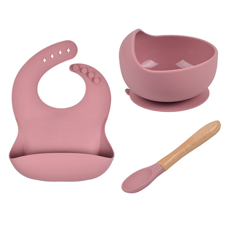 Baby Tableware Solid Food Bowl Silicone Bib Wooden Spoon Three-piece Set