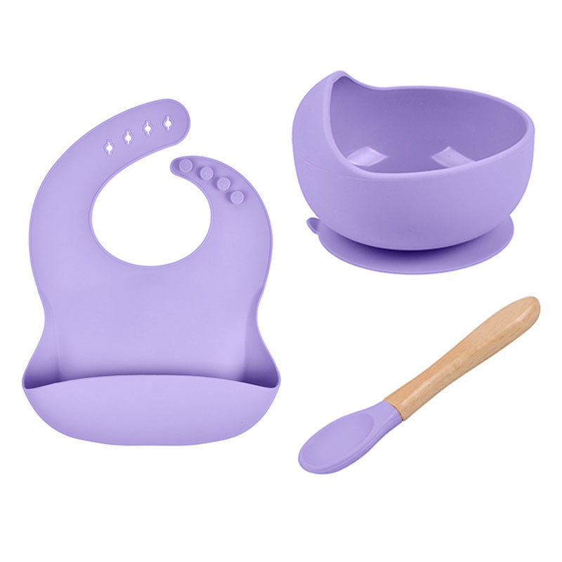 Baby Tableware Solid Food Bowl Silicone Bib Wooden Spoon Three-piece Set