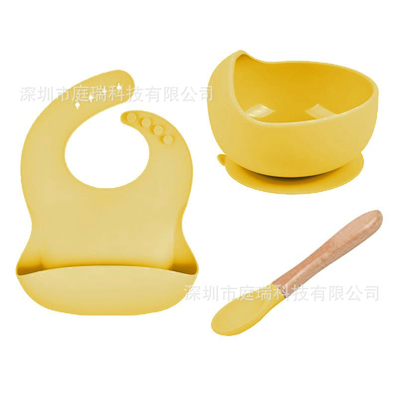 Baby Tableware Solid Food Bowl Silicone Bib Wooden Spoon Three-piece Set