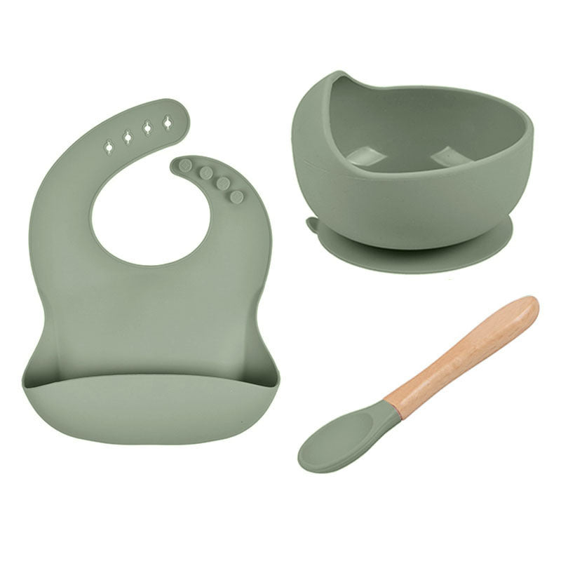 Baby Tableware Solid Food Bowl Silicone Bib Wooden Spoon Three-piece Set